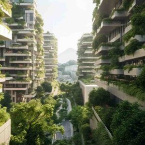 Proyecto arquitectónico con diseño sostenible, incluyendo paneles solares y materiales ecológicos.